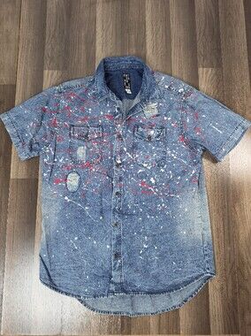 Enter The Void Paint Splattered Distressed Denim Shirt Streetwear Y2k Grunge. XL